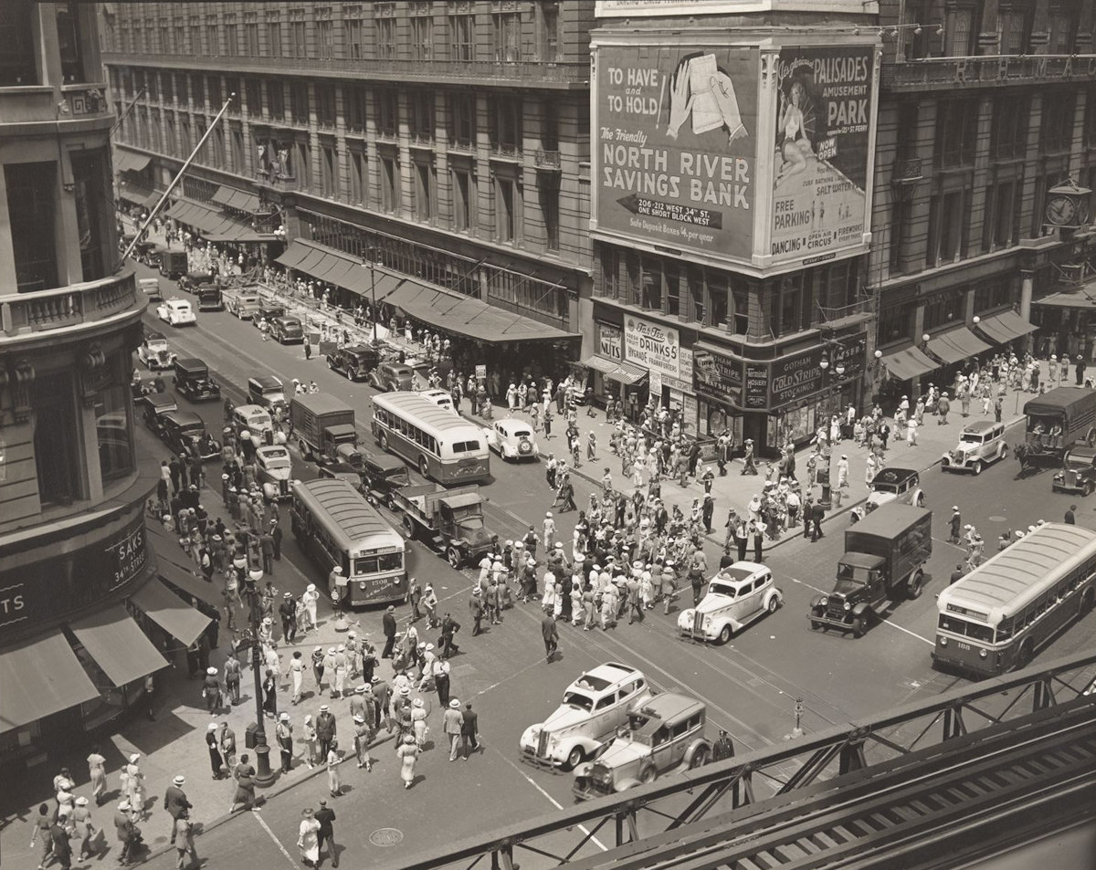 Bustling Herald Square in New York City, 1936